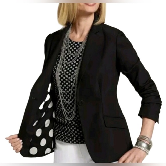 Chico’s  XL Women’s Jacket Black Polka Dot Lining 1-Button Roll Sleeve Career - Picture 1 of 6
